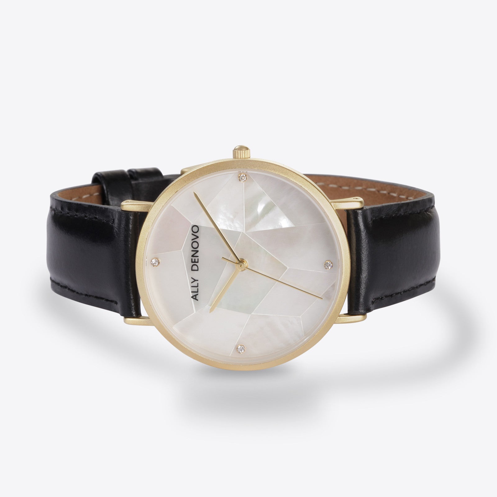 Gaia pearl皮革腕錶-白色菱形琉璃亮金框黑色真皮錶帶 AF5003.8