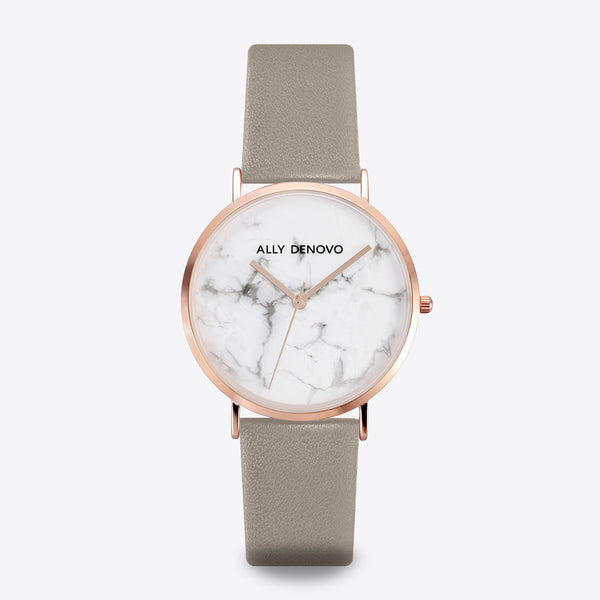 【女款36mm】Carrara Marble皮革腕錶-白大理石玫瑰金框乳灰色真皮錶帶 AF5005.7 – ALLY DENOVO 中文官方網站