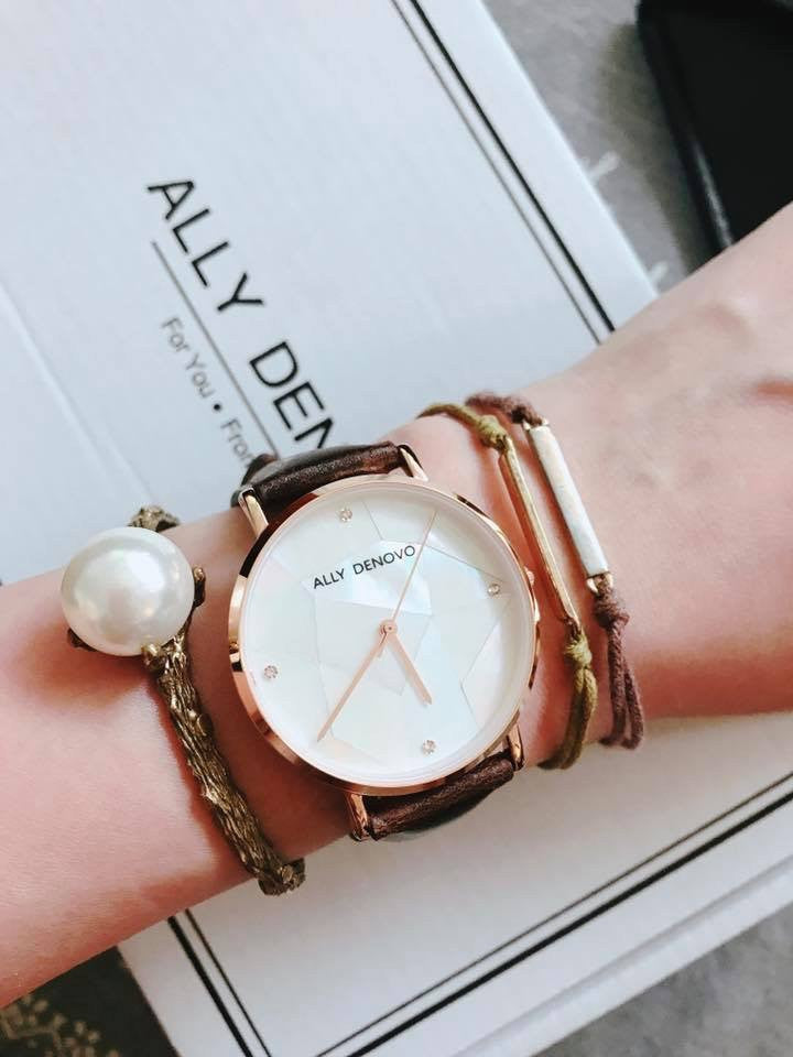 Gaia pearl皮革腕錶-白色菱形琉璃玫瑰金框咖啡色真皮錶帶 AF5003.2