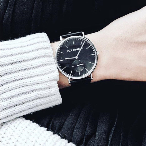 【男/女款40mm】全時經典腕錶－銀框黑色真皮錶帶 AM5001.3