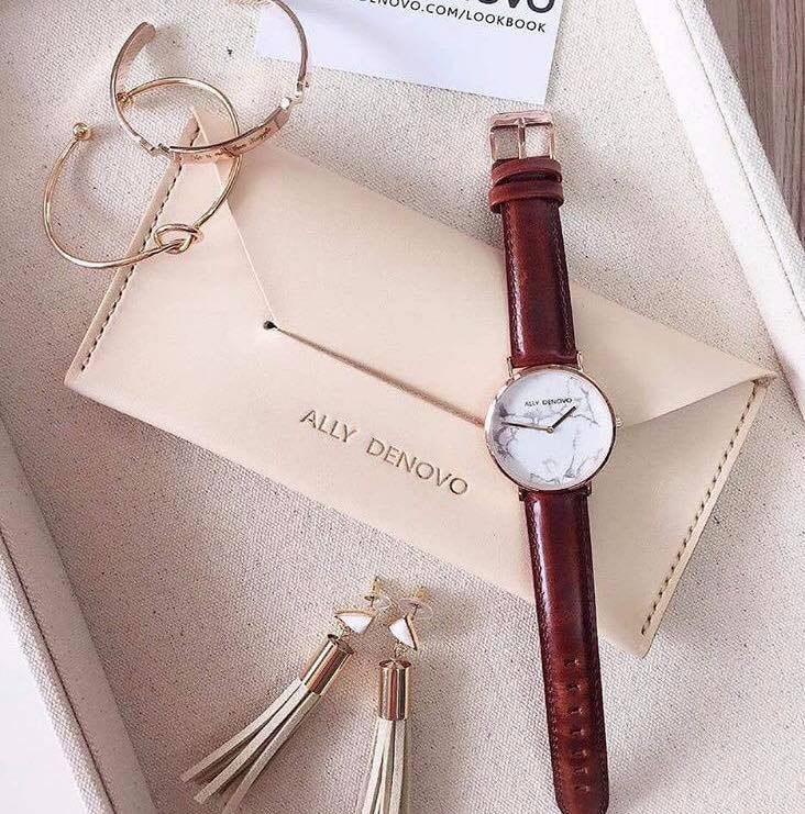 【女款36mm】Carrara Marble皮革腕錶-白大理石玫瑰金框紅棕色真皮錶帶 AF5005.4