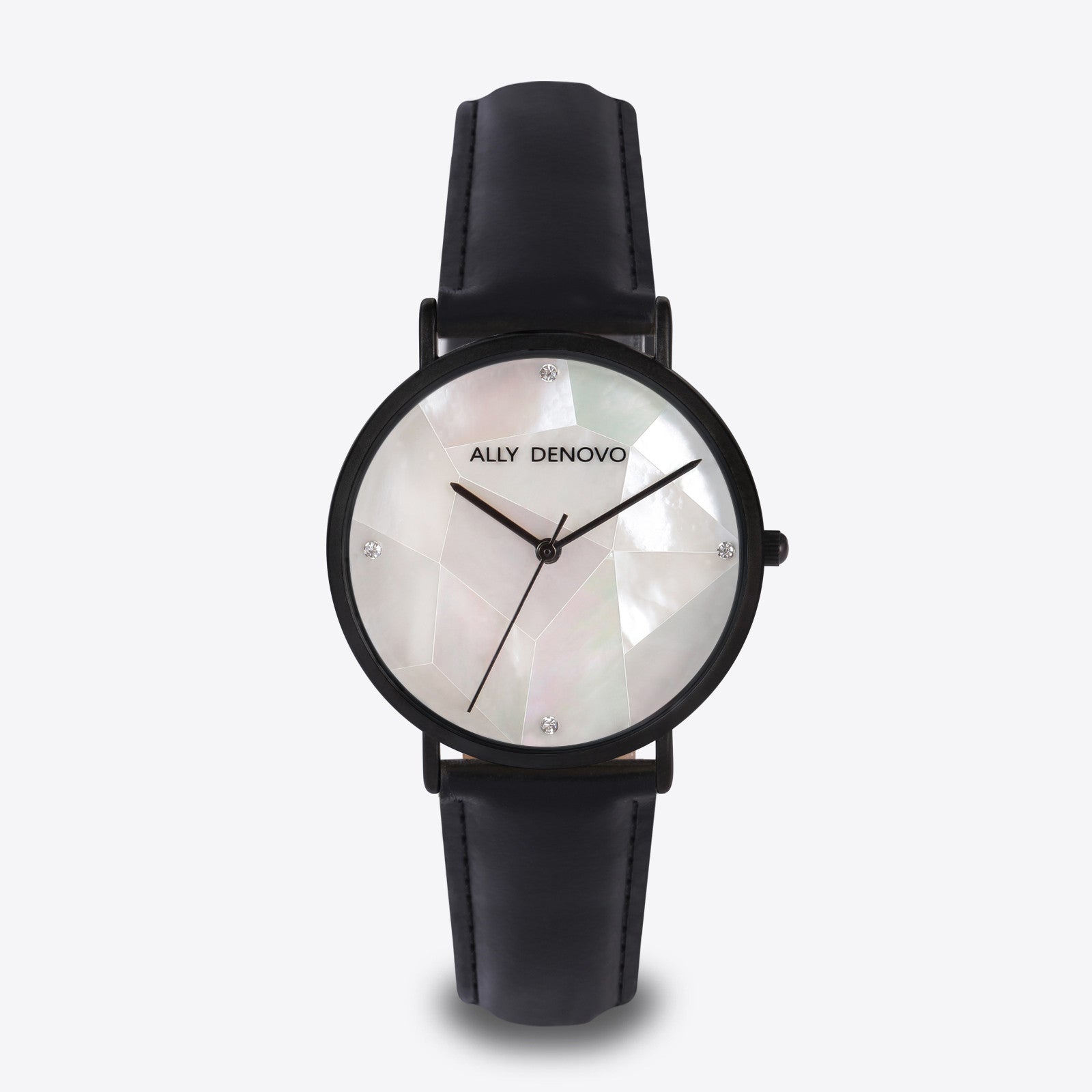 Gaia pearl皮革腕錶-白色菱形琉璃黑框黑色真皮錶帶 AF5003.4