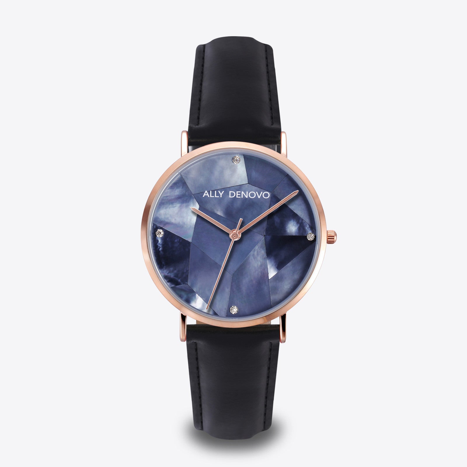 Gaia pearl皮革腕錶-藍色菱形琉璃玫瑰金框黑色真皮錶帶 AF5003.7