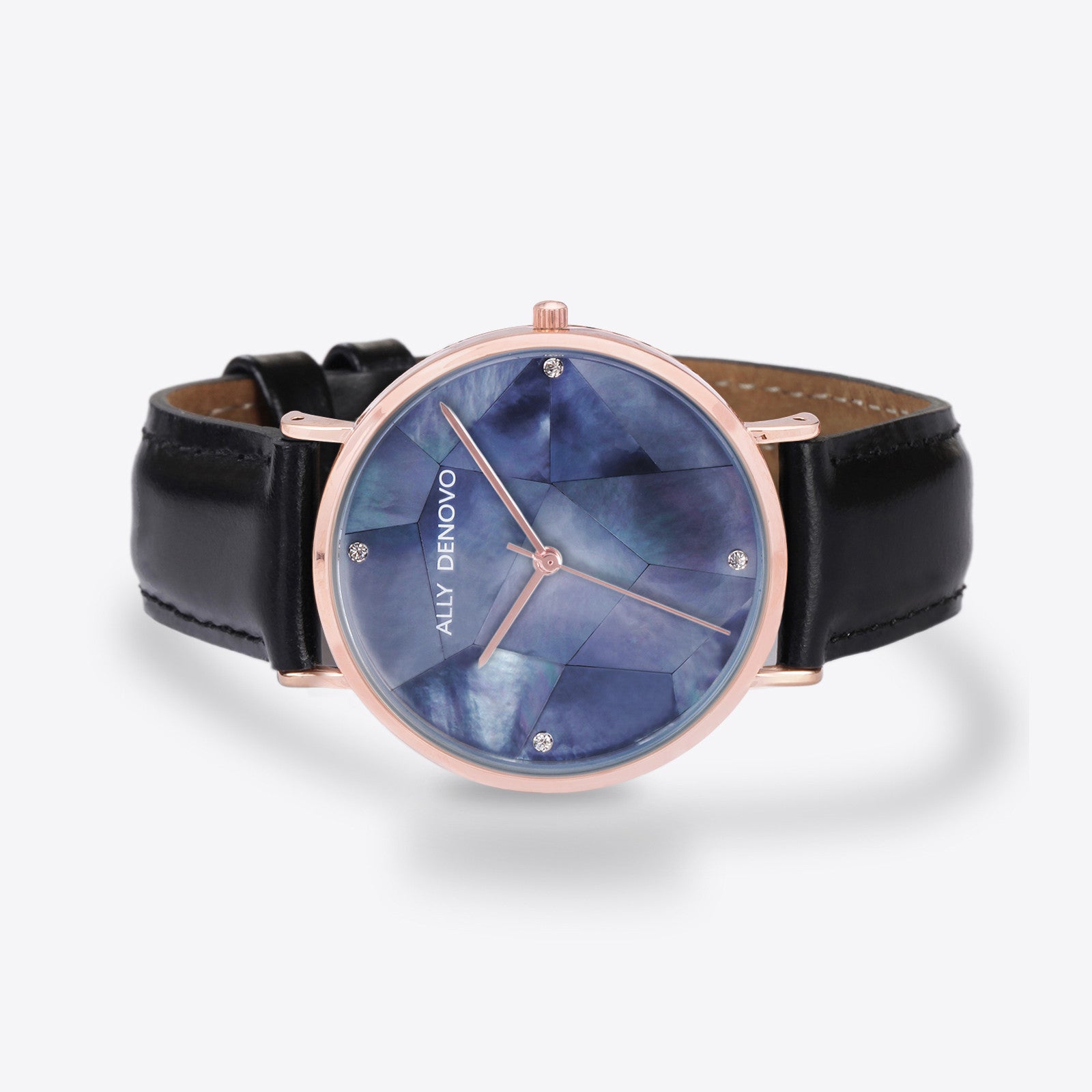 Gaia pearl皮革腕錶-藍色菱形琉璃玫瑰金框黑色真皮錶帶 AF5003.7