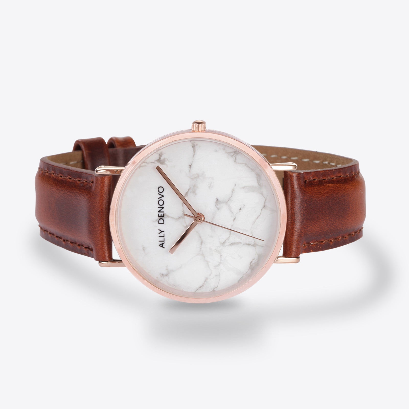 【女款36mm】Carrara Marble皮革腕錶-白大理石玫瑰金框紅棕色真皮錶帶 AF5005.4