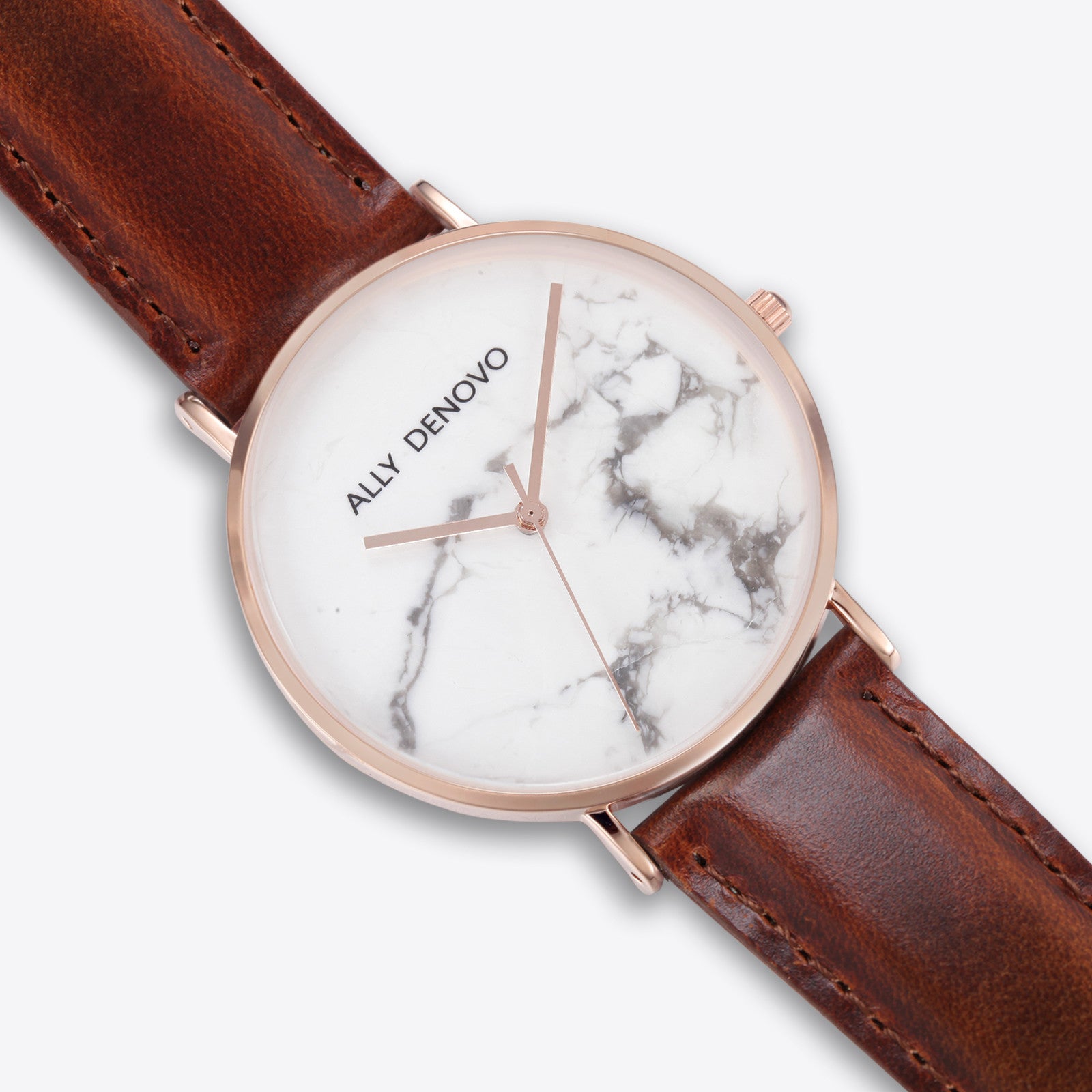 【男款】Carrara Marble皮革腕錶-白大理面玫瑰金框復古红棕色真皮錶帶 AM5010.4