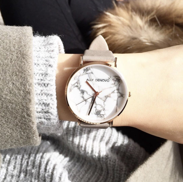 【女款36mm】Carrara Marble皮革腕錶-白大理石玫瑰金框乳灰色真皮錶帶  AF5005.7
