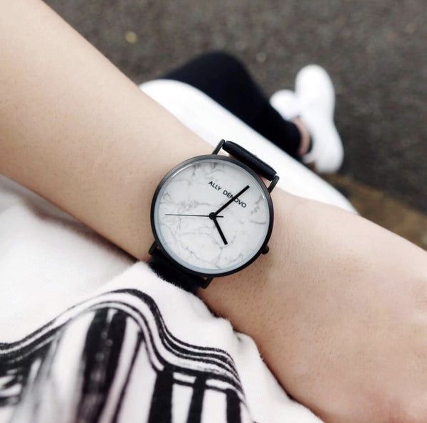 【女款36mm】Carrara Marble皮革腕錶-白大理石黑框黑色真皮錶帶 AF5005.2
