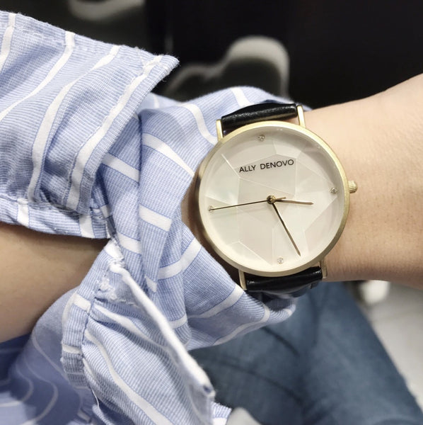 Gaia pearl皮革腕錶-白色菱形琉璃亮金框黑色真皮錶帶 AF5003.8