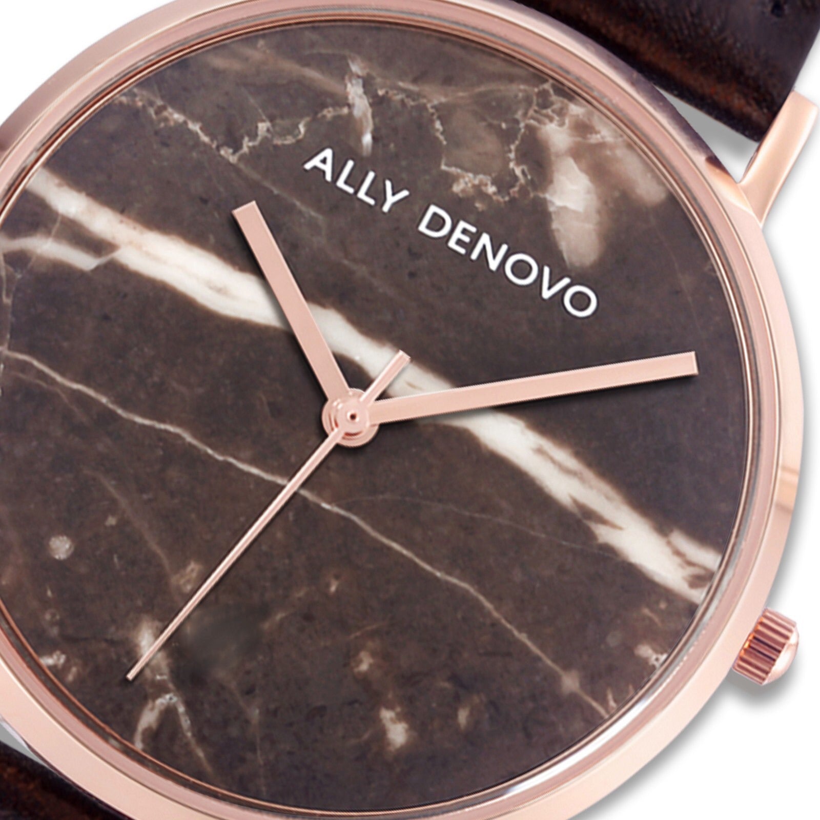 【男款】Carrara Marble皮革腕錶-巧克力大理玫瑰金框咖啡色真皮錶帶