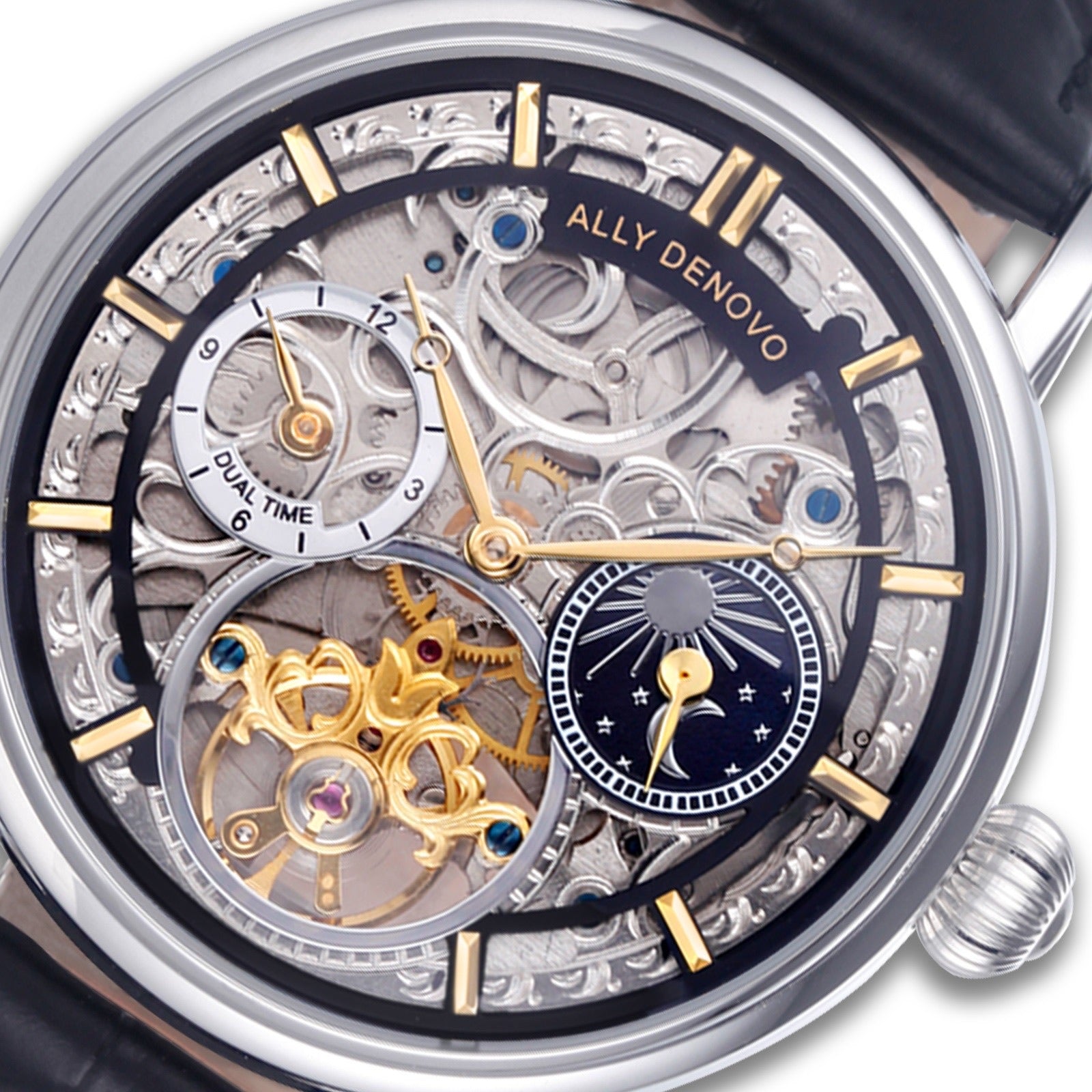 極光藝術星晨機械錶－銀框黑鱷魚紋皮帶