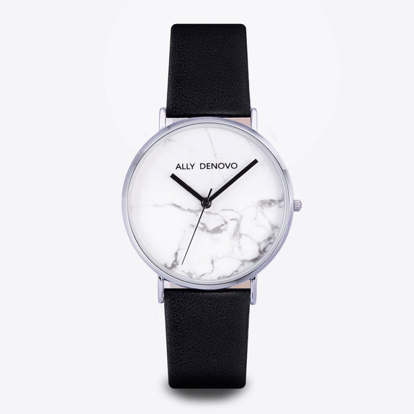 【男款】Carrara Marble皮革腕錶-白大理石銀框黑真皮錶帶 AM5010.1