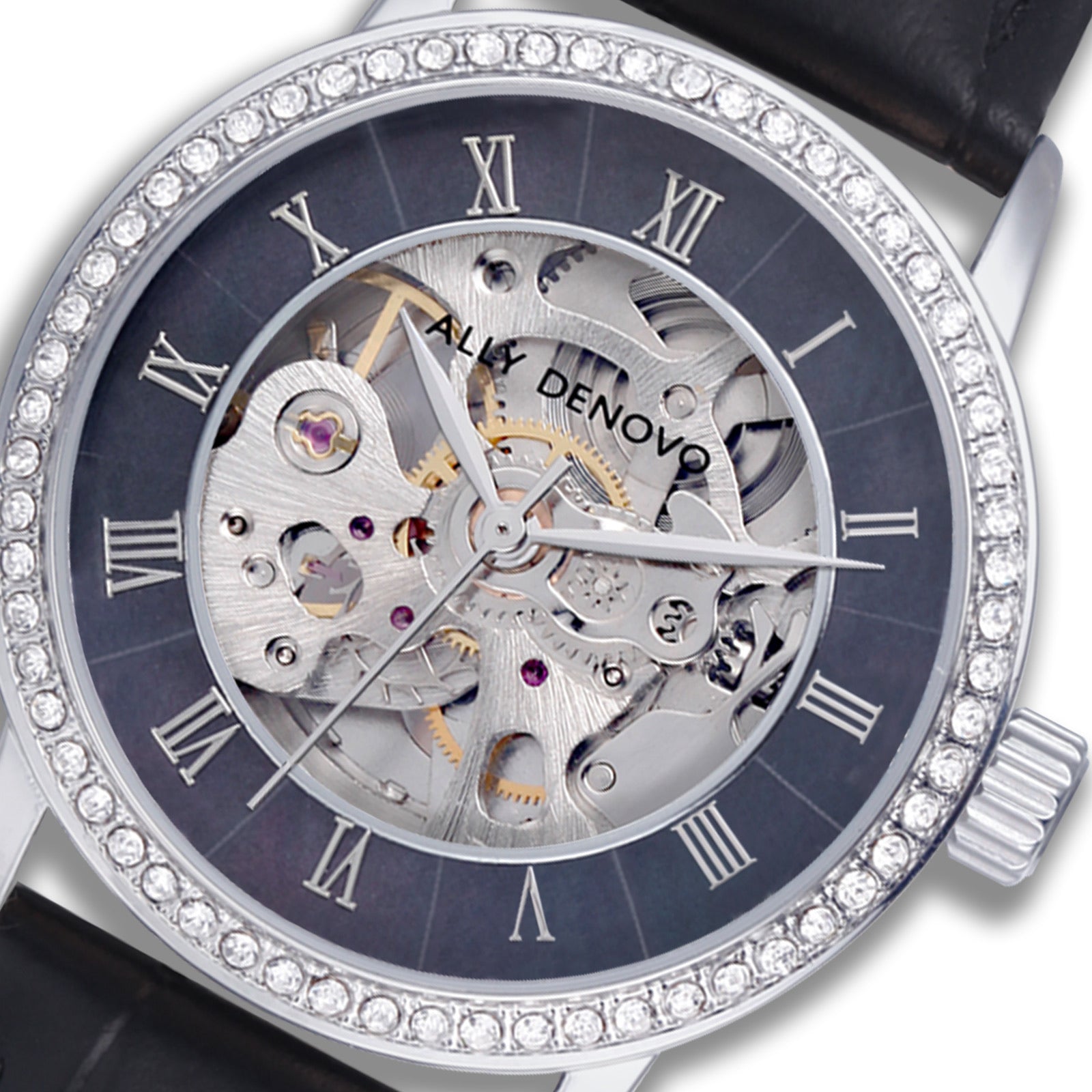 珍珠機械鑽表 （黑珍珠/銀白/黑真皮鱷魚紋錶帶）