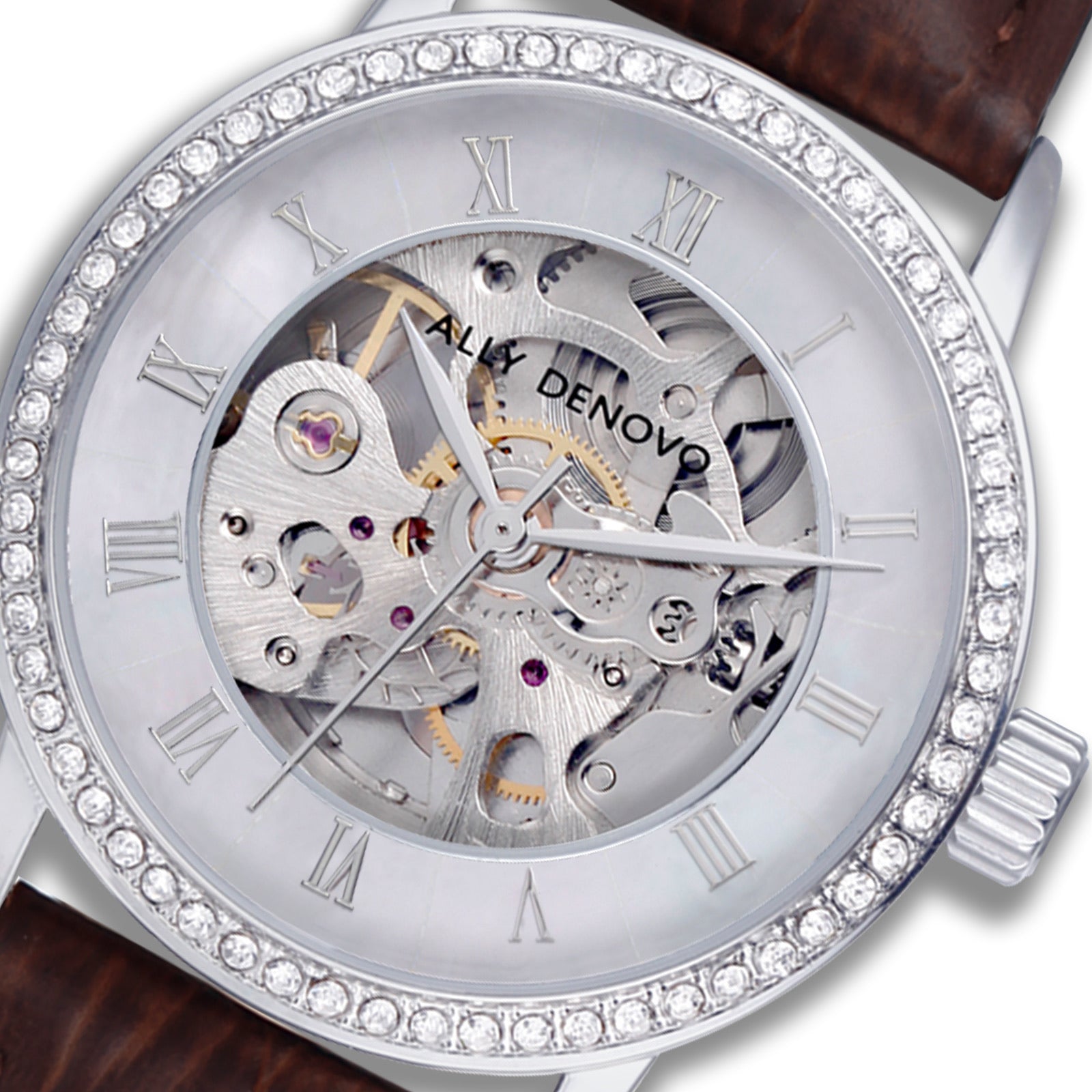 珍珠機械鑽表 （白珍珠/銀白/咖啡真皮鱷魚紋錶帶）
