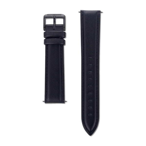 《單獨購買》黑色真皮油光面縫線錶帶20mm黑扣/簡易換錶帶開關式智慧扣環/適用40mm錶盤