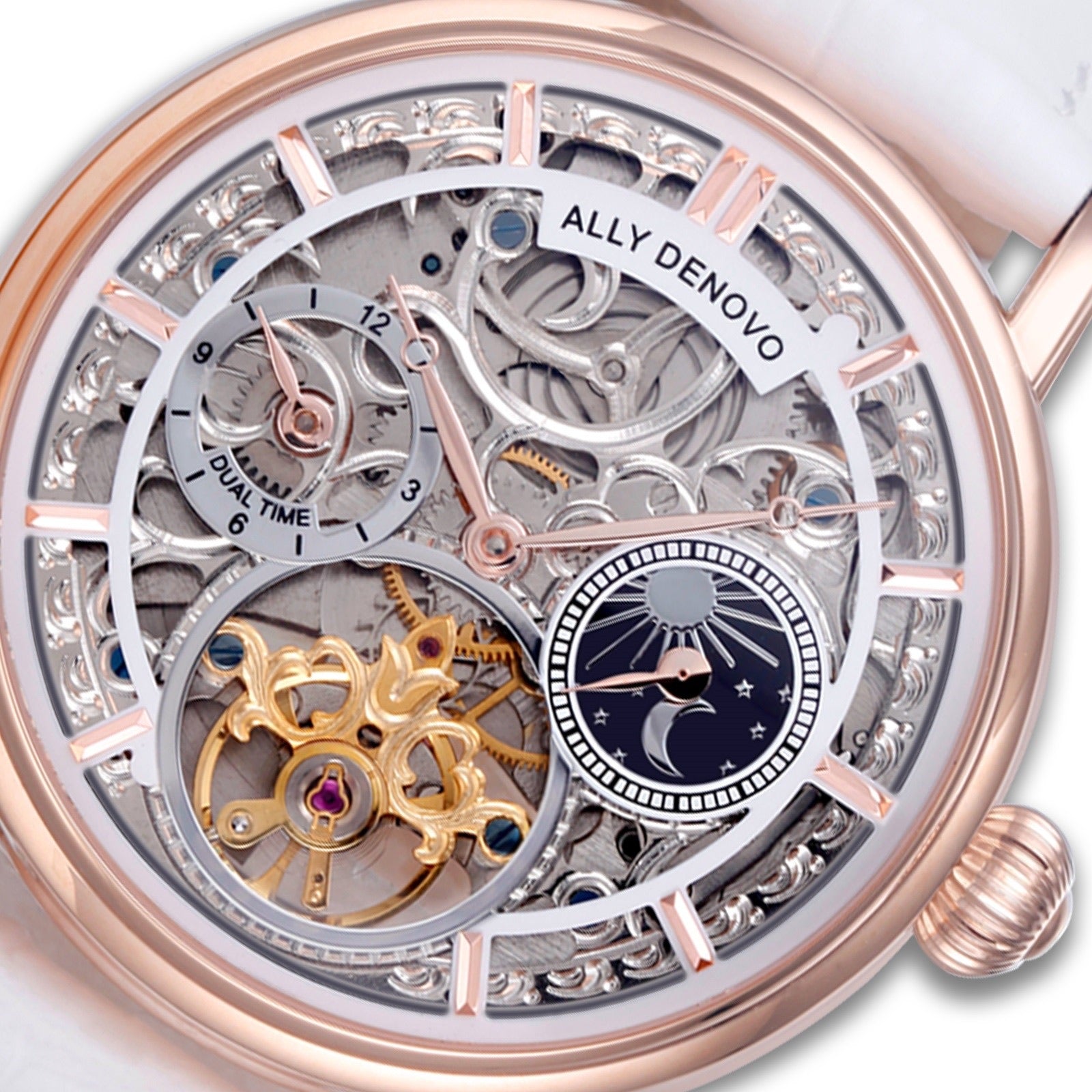 極光藝術星晨機械錶－玫瑰金框白鱷魚紋皮帶