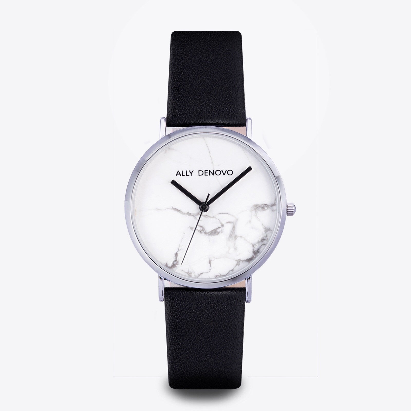 【女款36mm】Carrara Marble皮革腕錶-白大理石銀框黑色真皮錶帶 AF5005.1