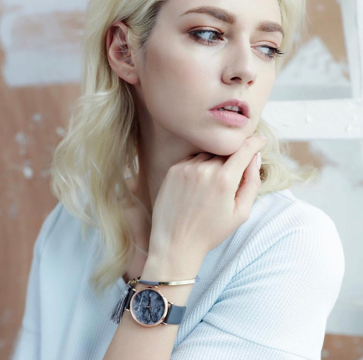 【女款36mm】灰藍浪花大理石皮革腕錶 AF5005.11