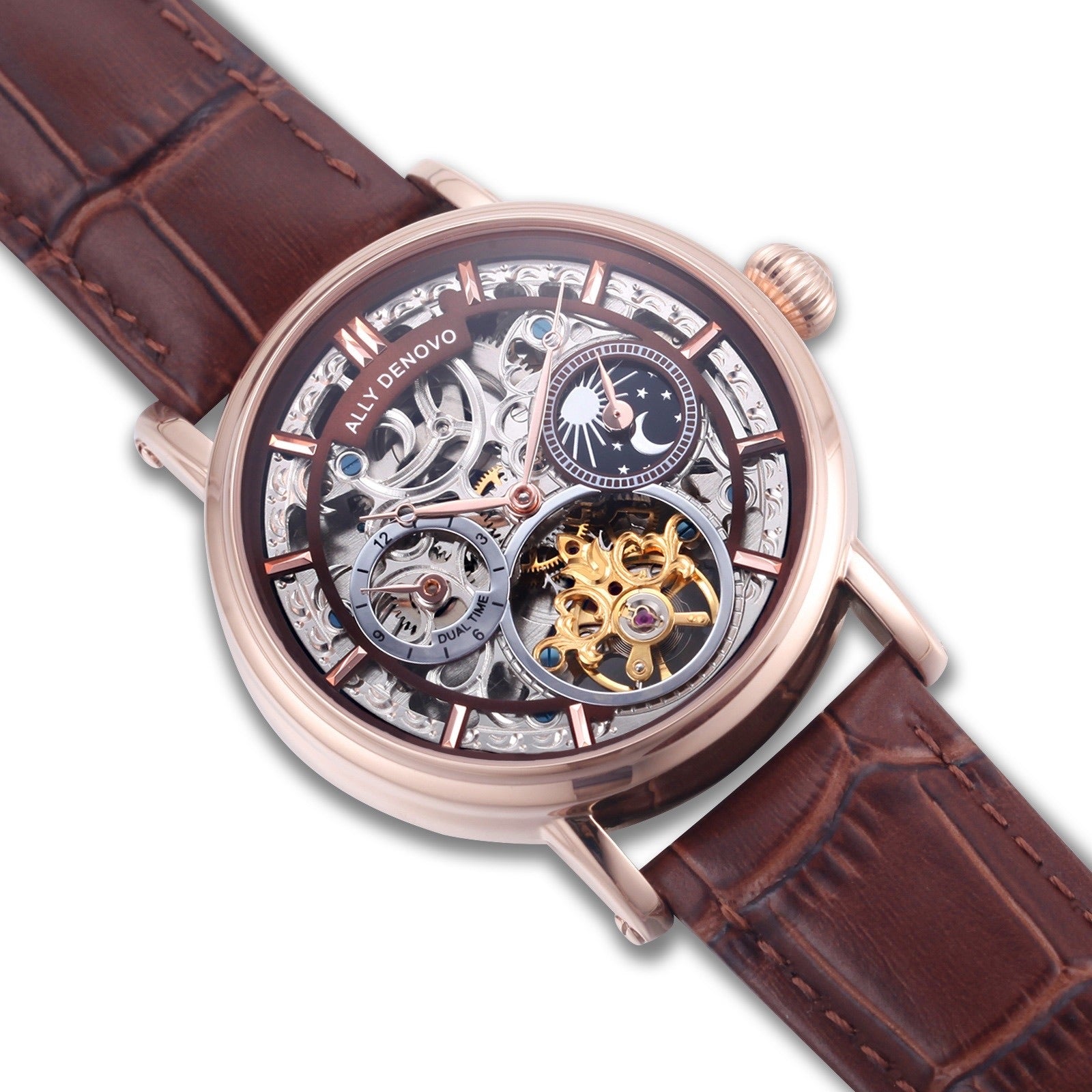 極光藝術星晨機械錶－玫瑰金框咖啡鱷魚紋皮帶