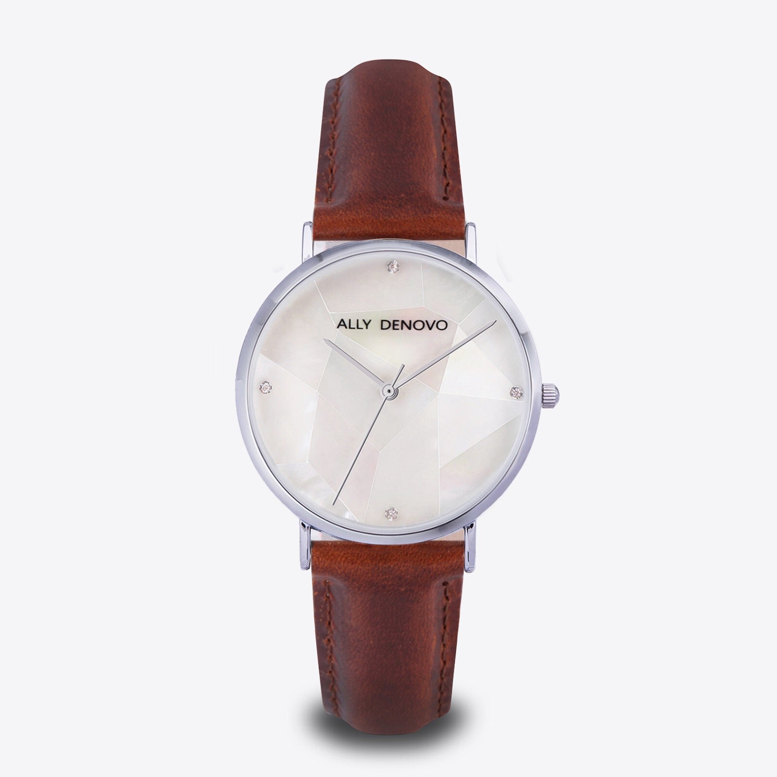 Gaia pearl皮革腕錶-白色菱形琉璃銀框紅棕色真皮錶帶 AF5003.1