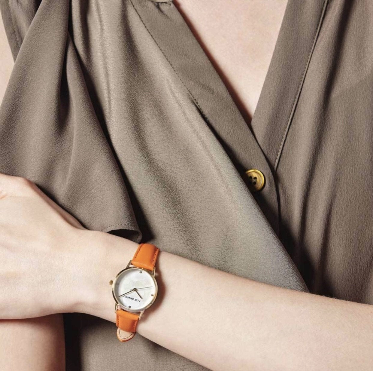 《單獨購買》橘色真皮縫線錶帶14mm金扣/簡換錶帶開關式智慧扣環/適用28mm錶盤