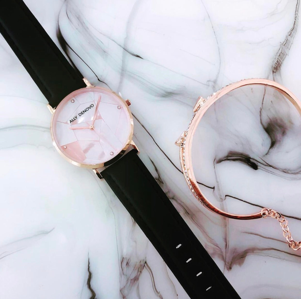 Gaia pearl皮革腕錶-粉晶菱形琉璃玫瑰金框海軍藍真皮錶帶  