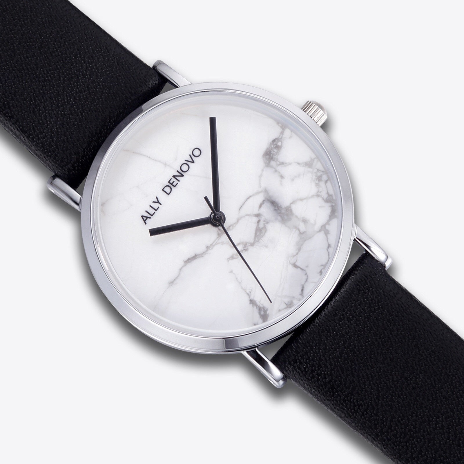 【女款36mm】Carrara Marble皮革腕錶-白大理石銀框黑色真皮錶帶 AF5005.1