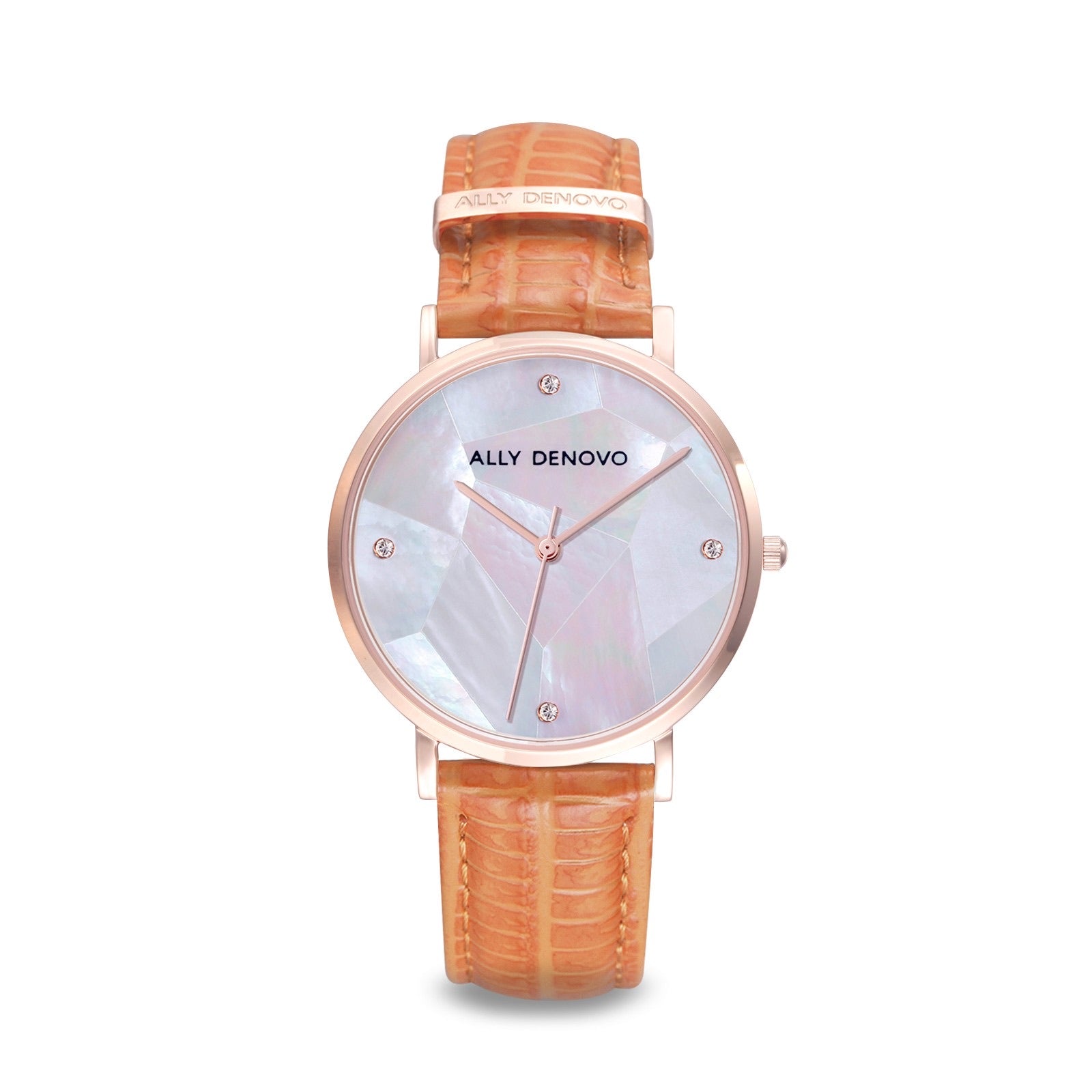 【新上市】Gaia pearl壓蛇紋皮革腕錶-白菱形琉璃玫瑰金框橘色真皮錶帶