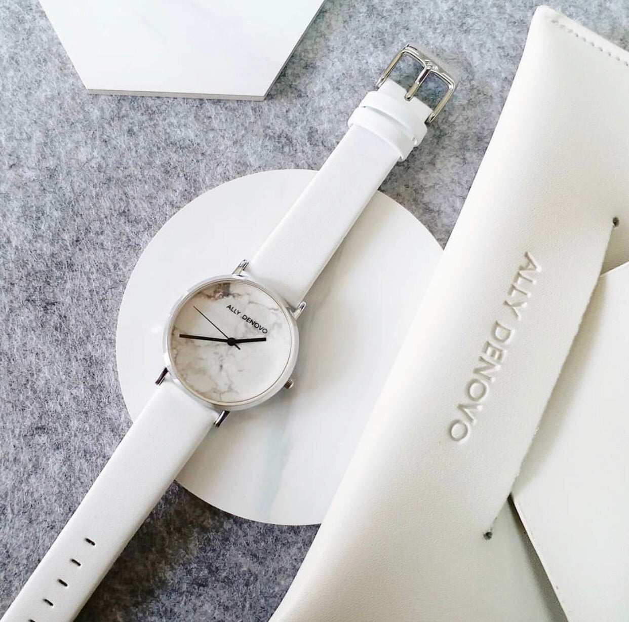 【女款限量】Carrara Marble皮革腕錶-白大理石銀框白色真皮錶帶  AF5005.9