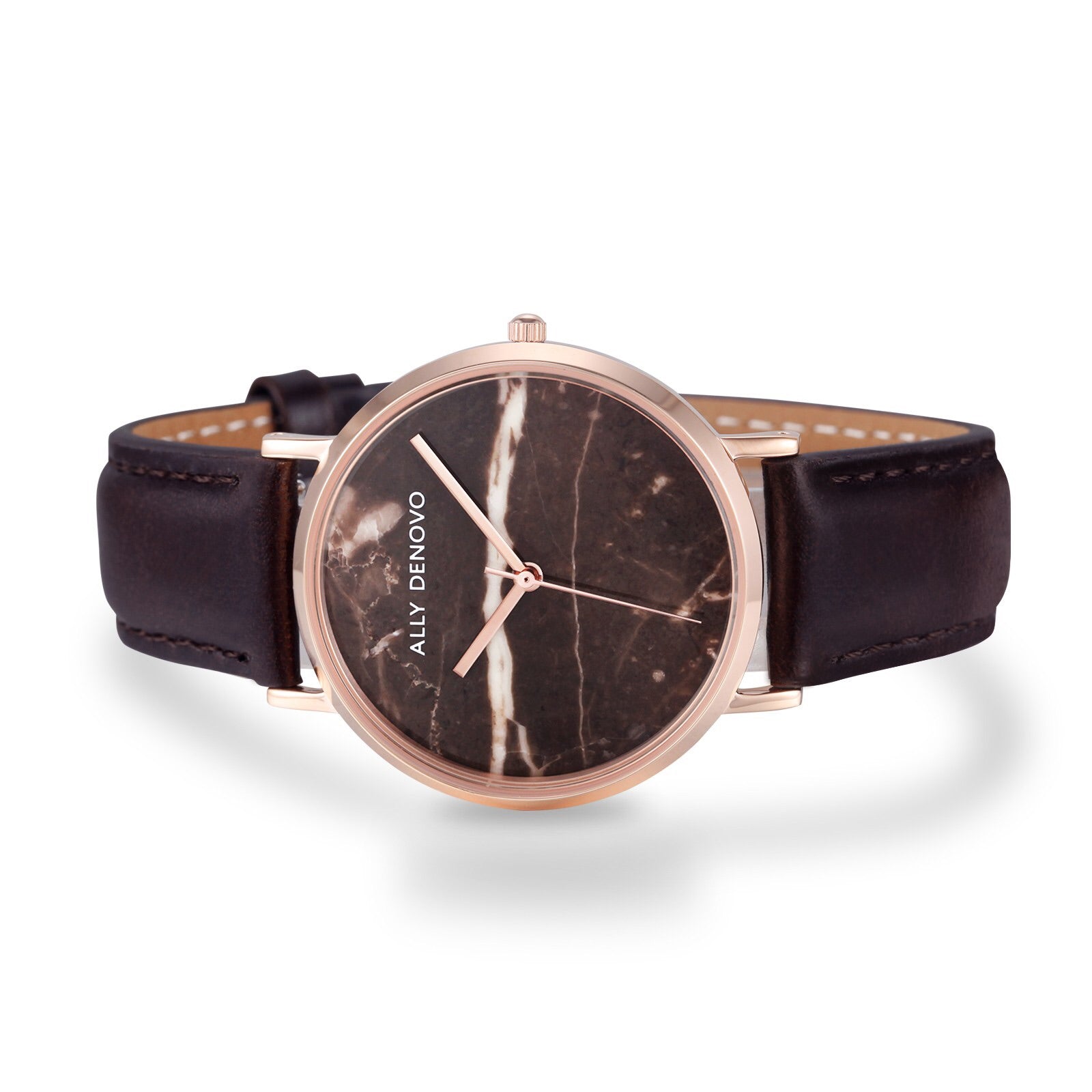 【男款】Carrara Marble皮革腕錶-巧克力大理玫瑰金框咖啡色真皮錶帶