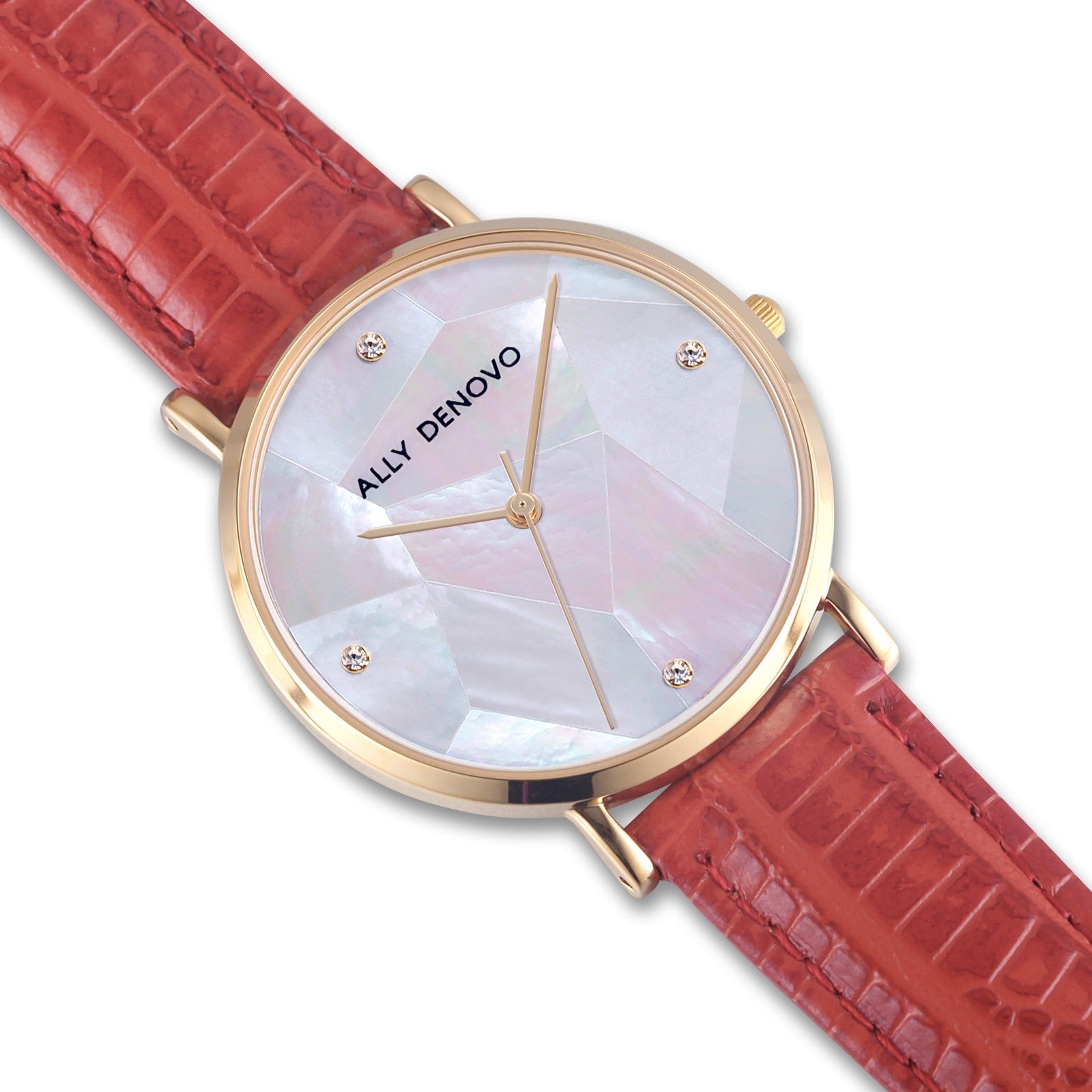 【新上市】Gaia pearl壓仿蛇紋皮革腕錶-白菱形琉璃金框紅色真皮錶帶