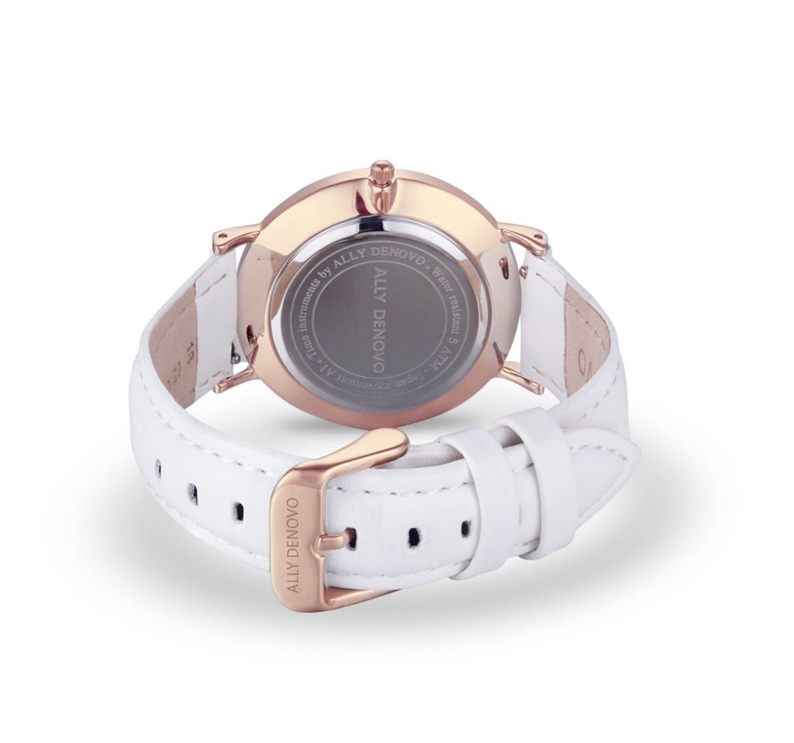 Gaia pearl皮革腕錶-白色菱形琉璃玫瑰金框白色真皮錶帶 AF5003.10