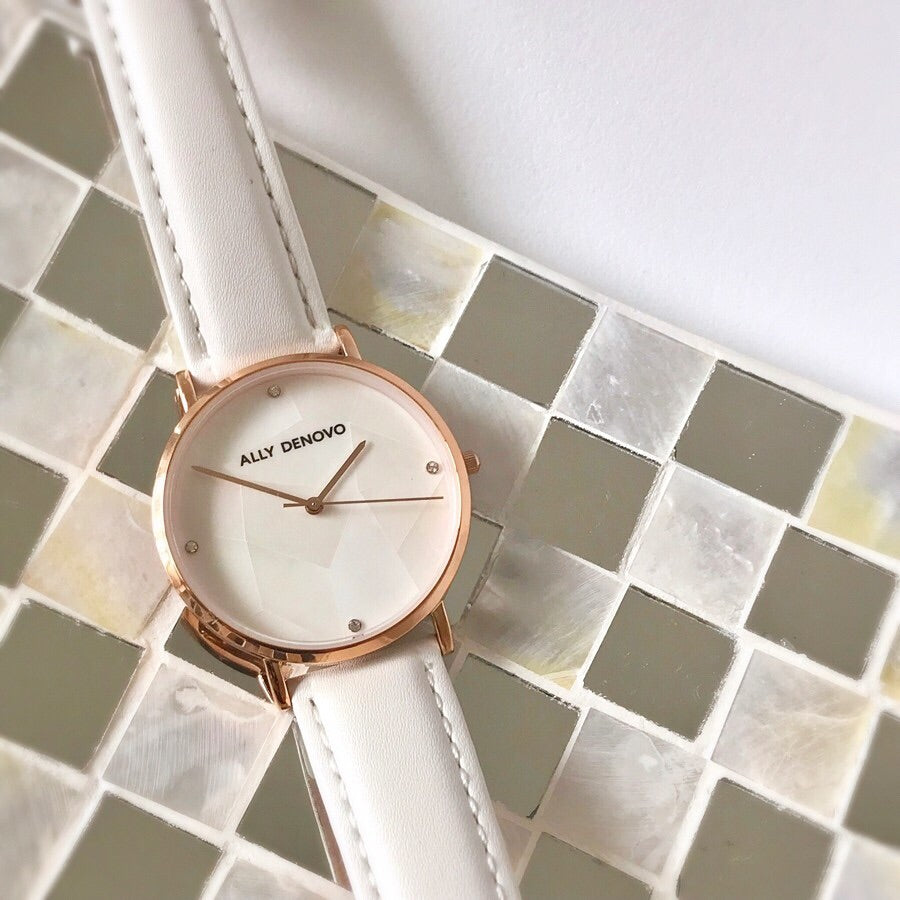 《單獨購買》白色真皮縫線錶帶18mm玫瑰金扣/簡易換錶帶開關式智慧扣環/適用36mm錶盤