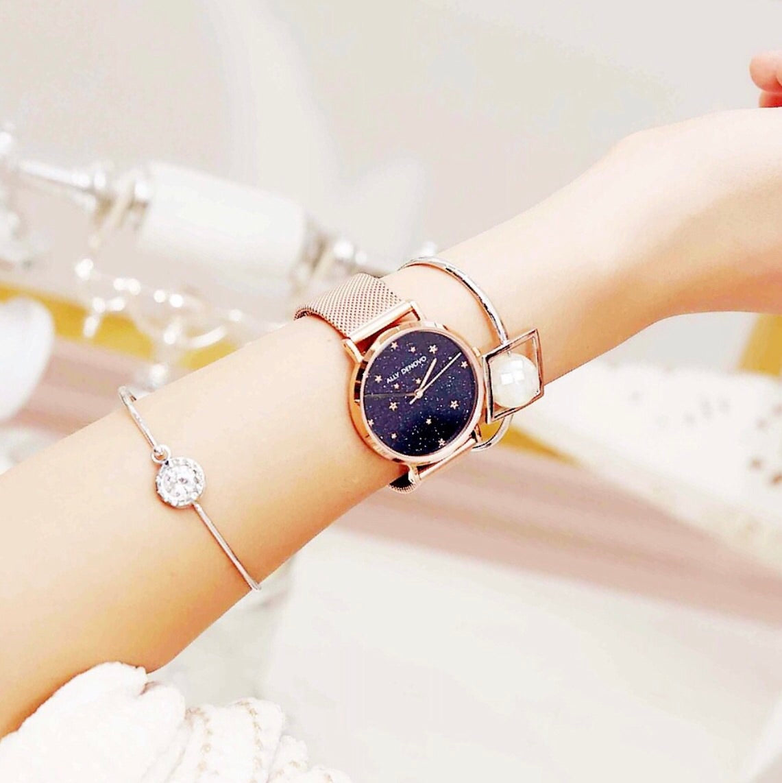 【女款】神秘星夜雙錶帶款-玫瑰金鍊帶+白色真皮錶帶