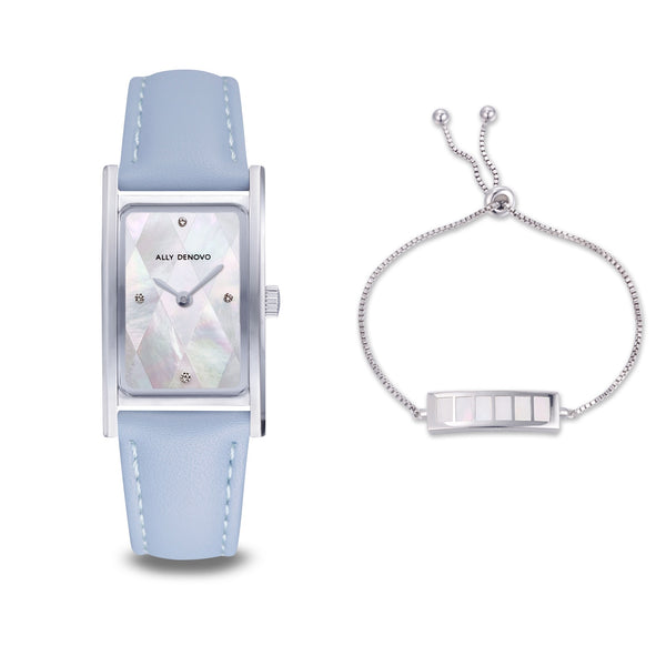 【限量頂級方形琉璃錶鍊禮盒】-甜美粉藍銀框手錶 限時贈送 銀製手鍊
