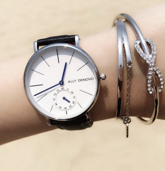 【女款36mm】全時經典腕錶－白面銀框黑色真皮錶帶 AF5001.1