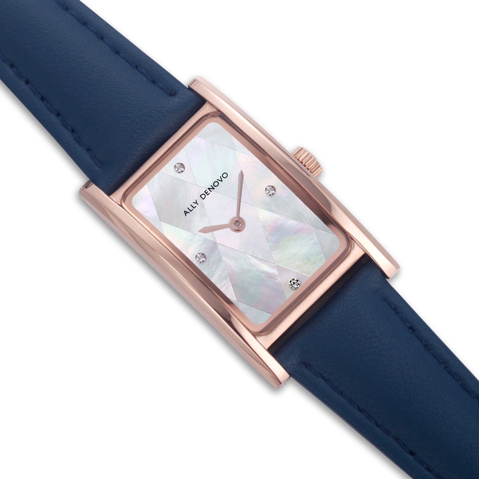 【限量頂級方形琉璃錶鍊禮盒】珍珠白菱玫瑰金框海軍藍手錶 限時贈送 銀製手鍊