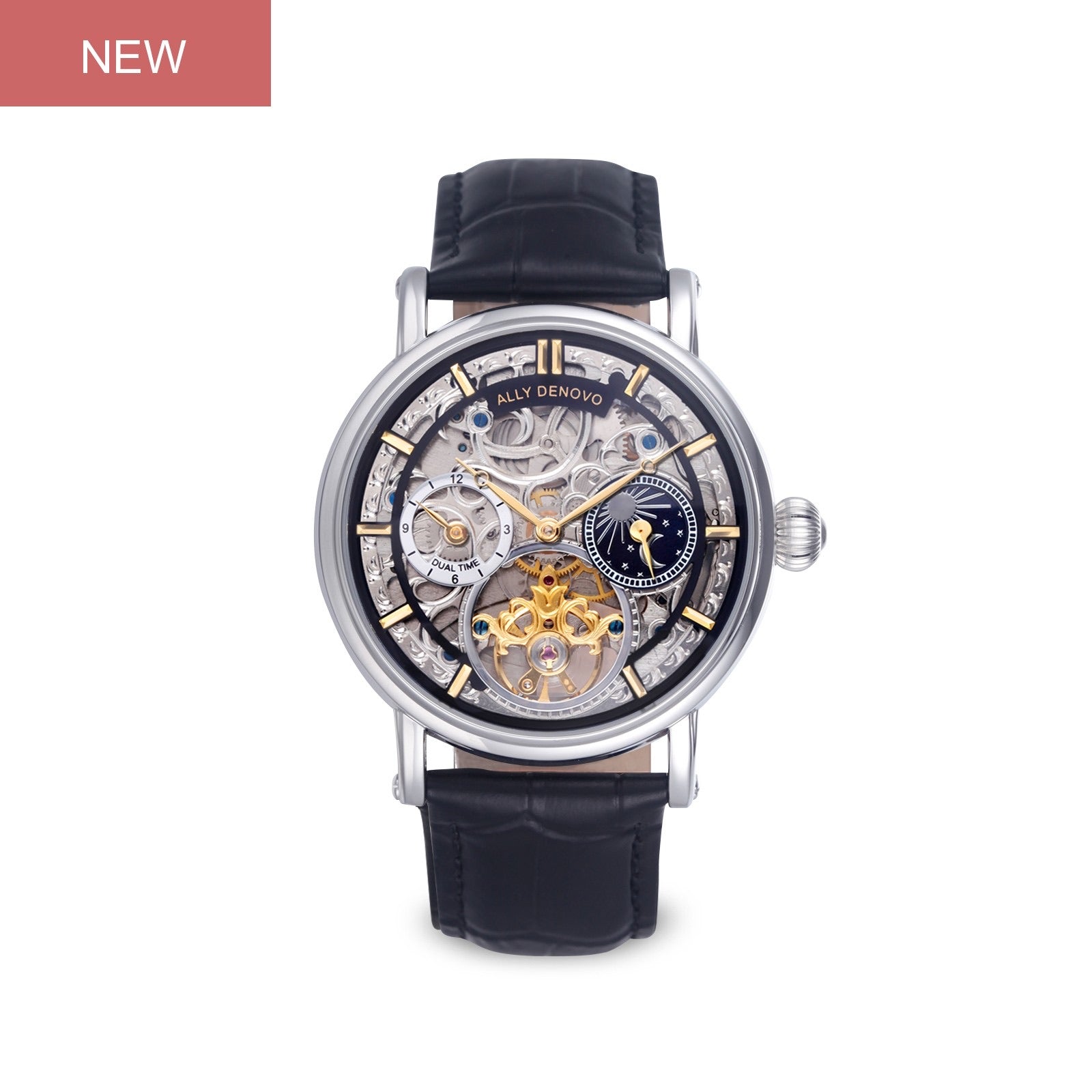 極光藝術星晨機械錶－銀框黑鱷魚紋皮帶