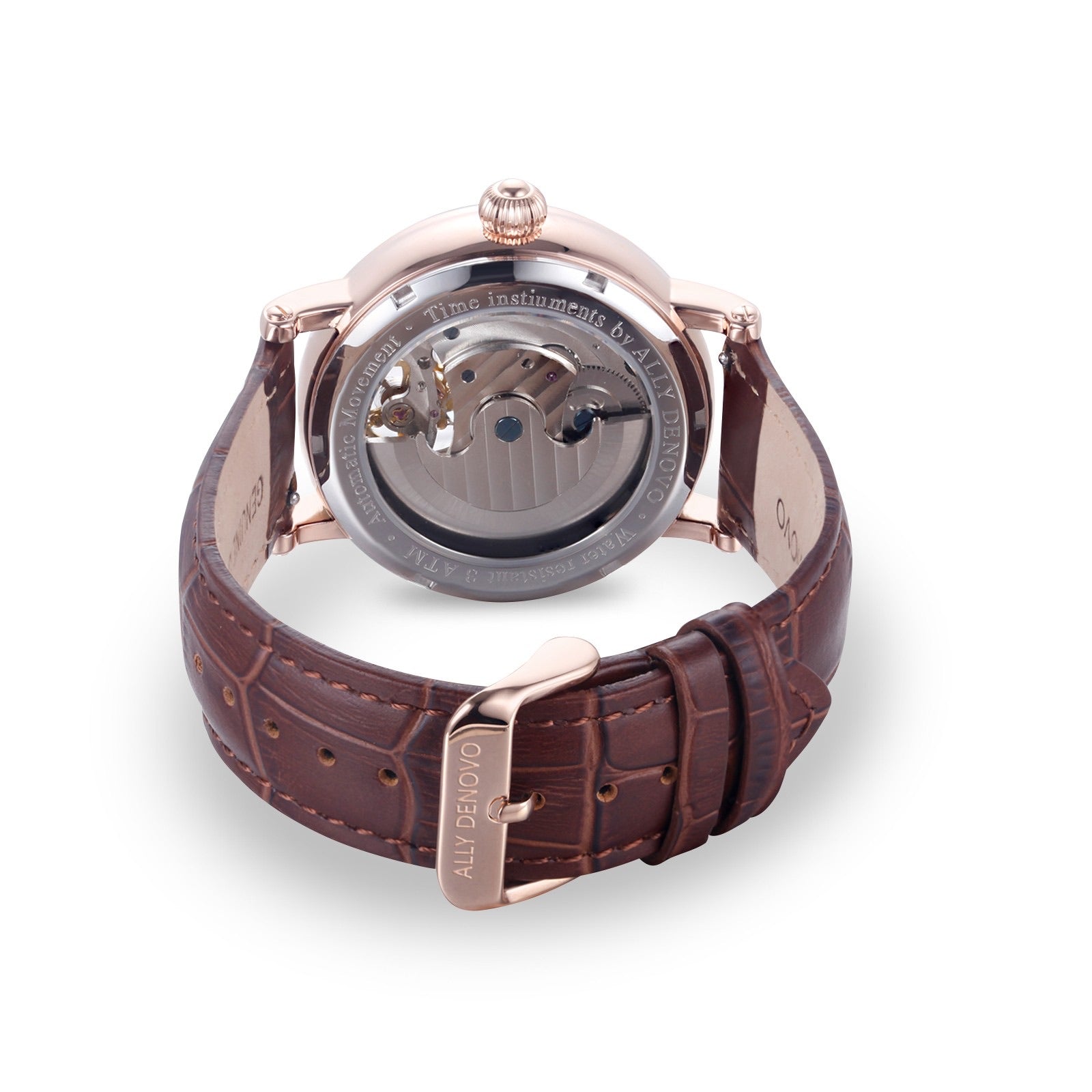 極光藝術星晨機械錶－玫瑰金框咖啡鱷魚紋皮帶