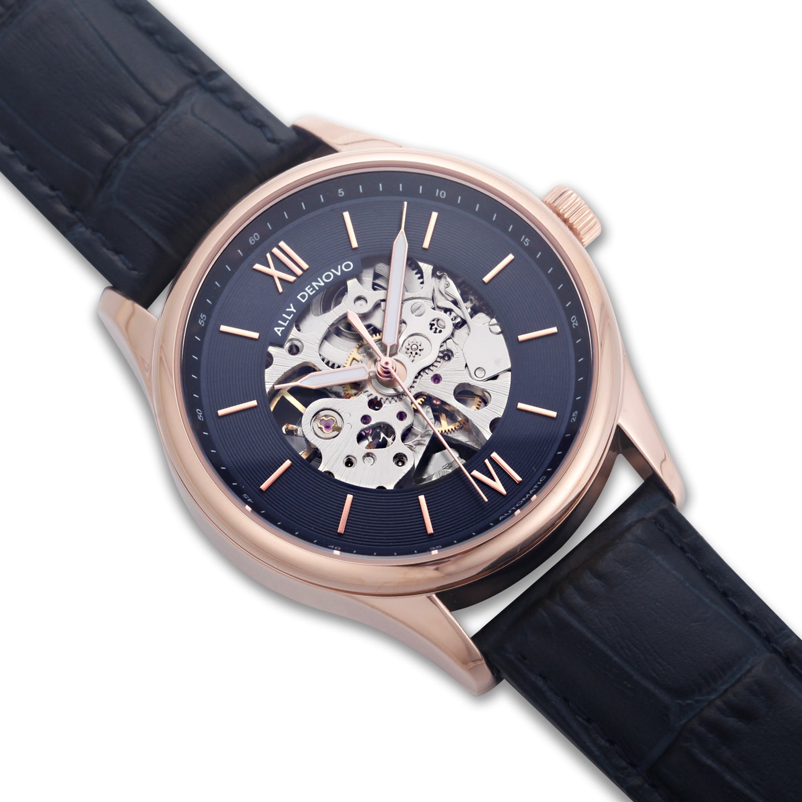 古典機械錶（玫瑰金框海軍藍真皮鱷魚紋錶帶）