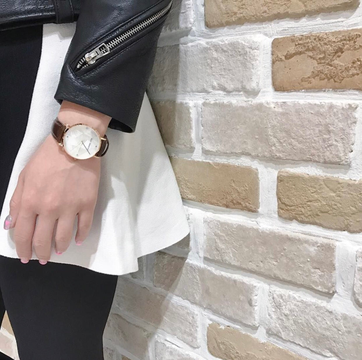 Gaia pearl皮革腕錶-白色菱形琉璃玫瑰金框咖啡色真皮錶帶 AF5003.2
