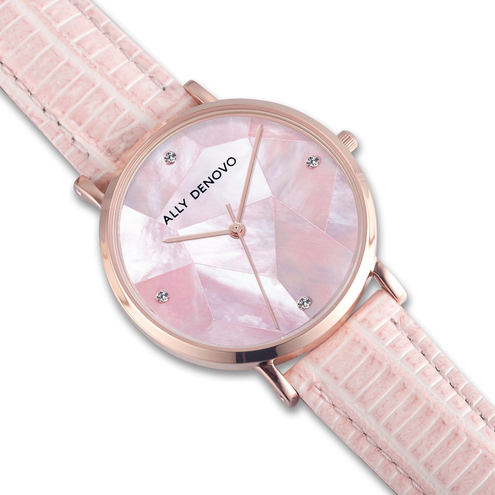 【新上市】Gaia pearl壓蛇紋皮革腕錶-粉紅菱形琉璃玫瑰金框粉紅真皮錶帶