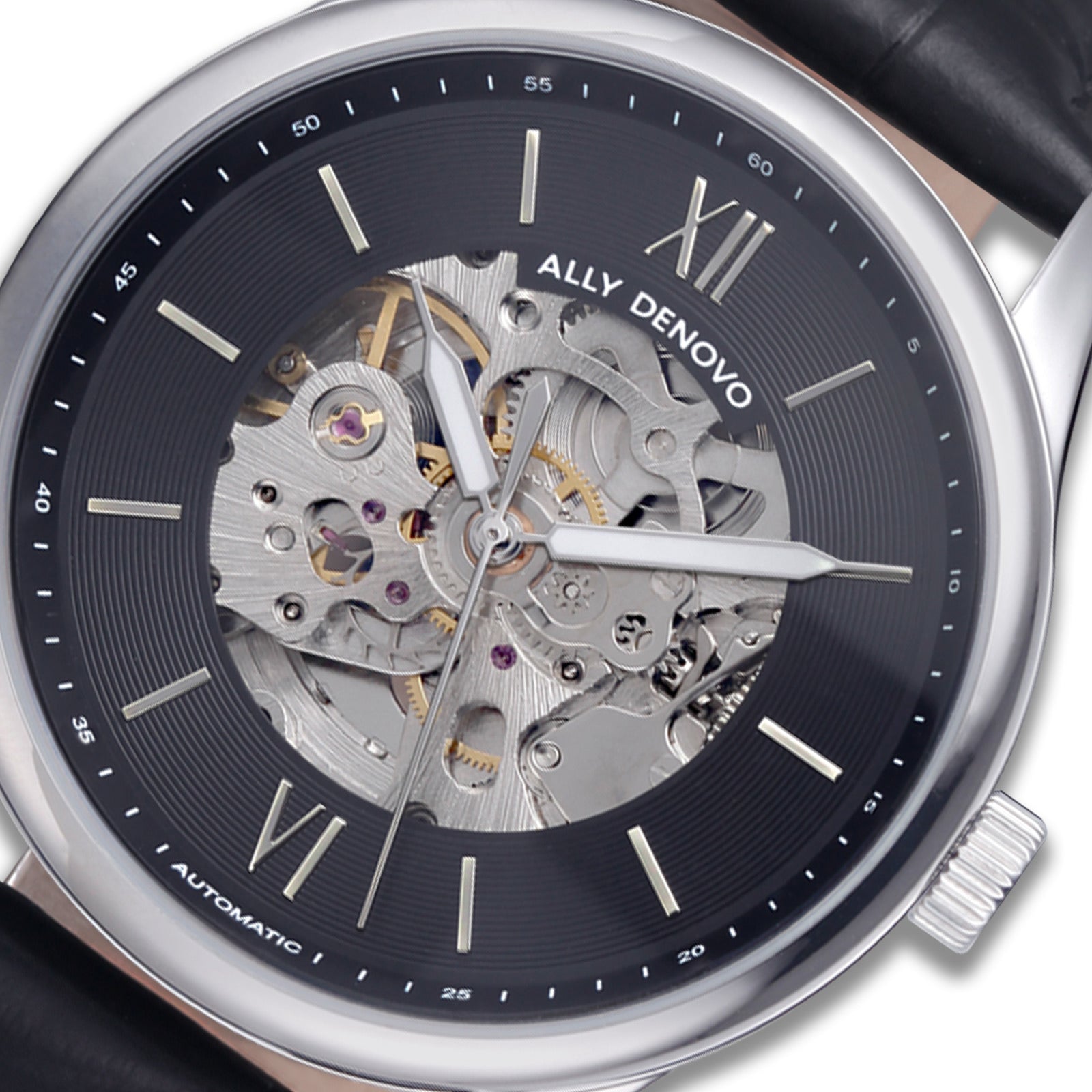 古典機械錶（銀框黑真皮鱷魚紋錶帶）