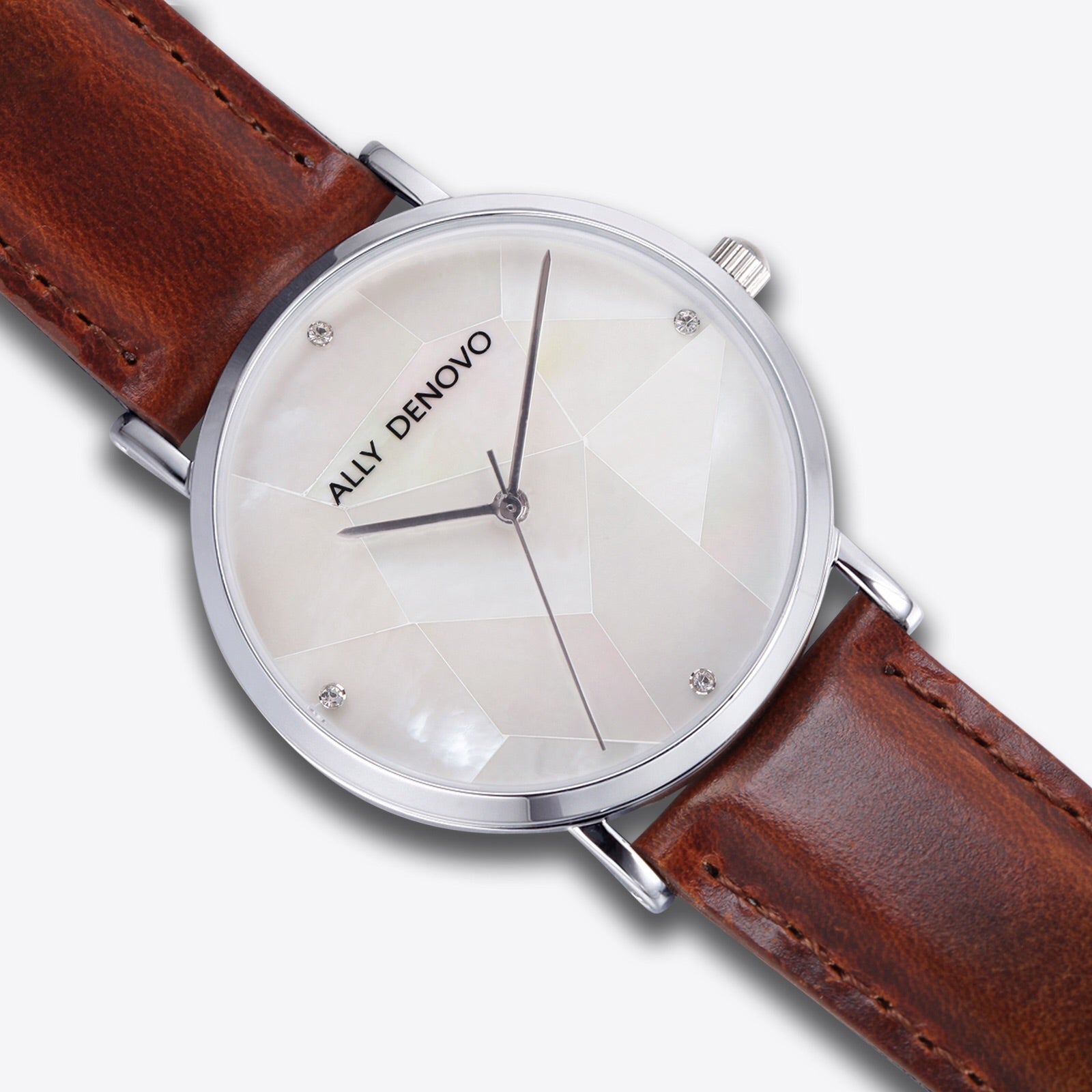 Gaia pearl皮革腕錶-白色菱形琉璃銀框紅棕色真皮錶帶 AF5003.1