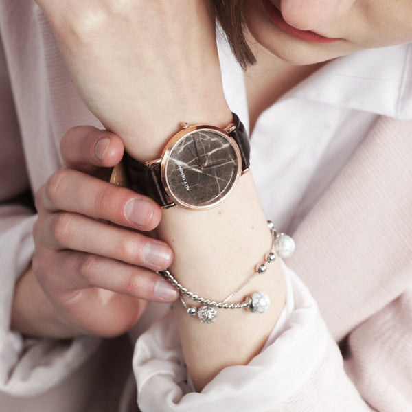 【女款36mm】Carrara Marble皮革腕錶-巧克力大理玫瑰金框咖啡色真皮錶帶