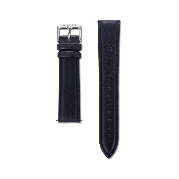 《單獨購買》黑色真皮縫線錶帶18mm銀扣/簡易換錶帶開關式智慧扣環/適用36mm錶盤