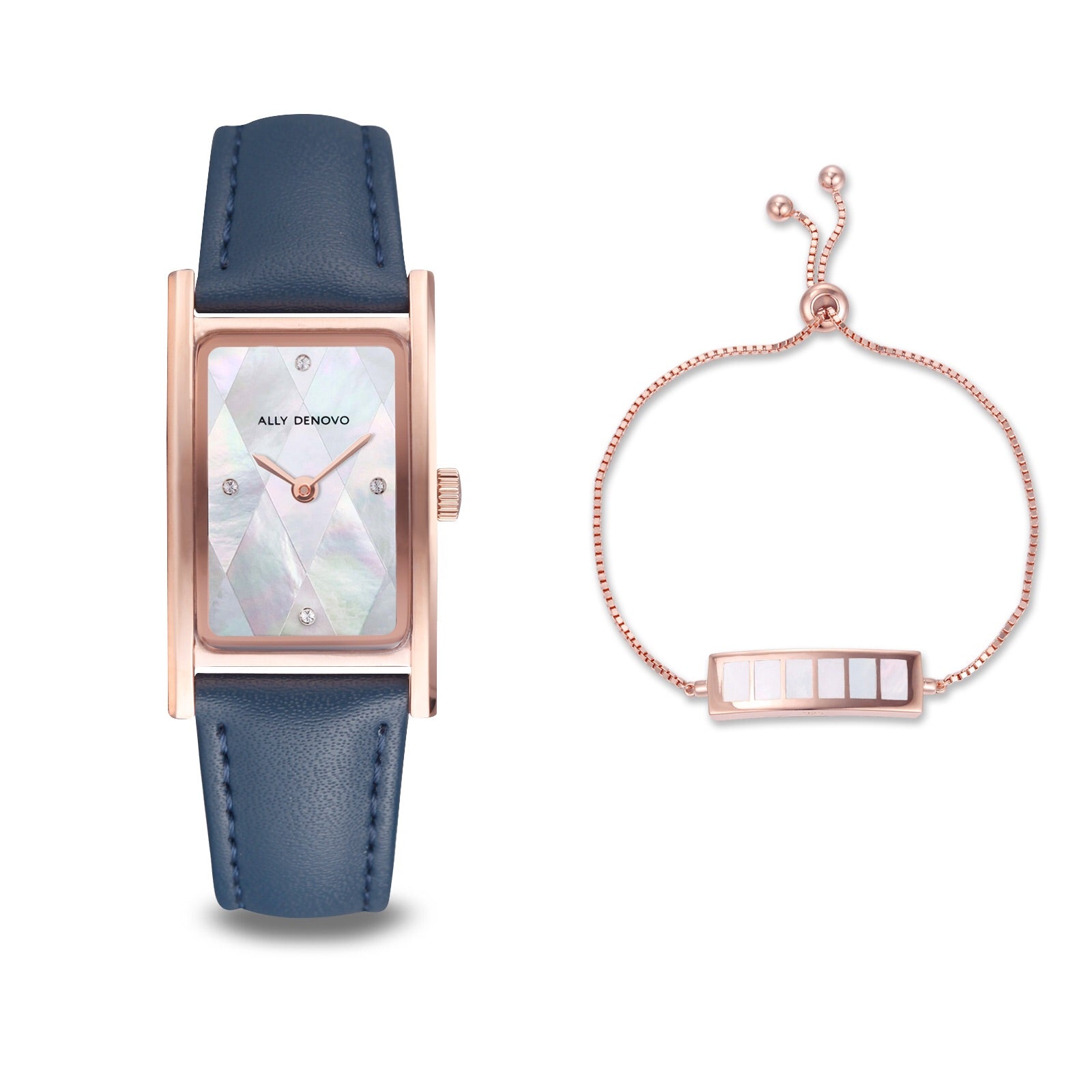 【限量頂級方形琉璃錶鍊禮盒】珍珠白菱玫瑰金框海軍藍手錶 限時贈送 銀製手鍊